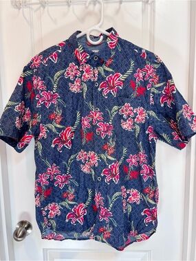 Tommy Bahama Tahitian Etch Camp Hawaiian Shirt Mens Medium Blue Floral Aloha